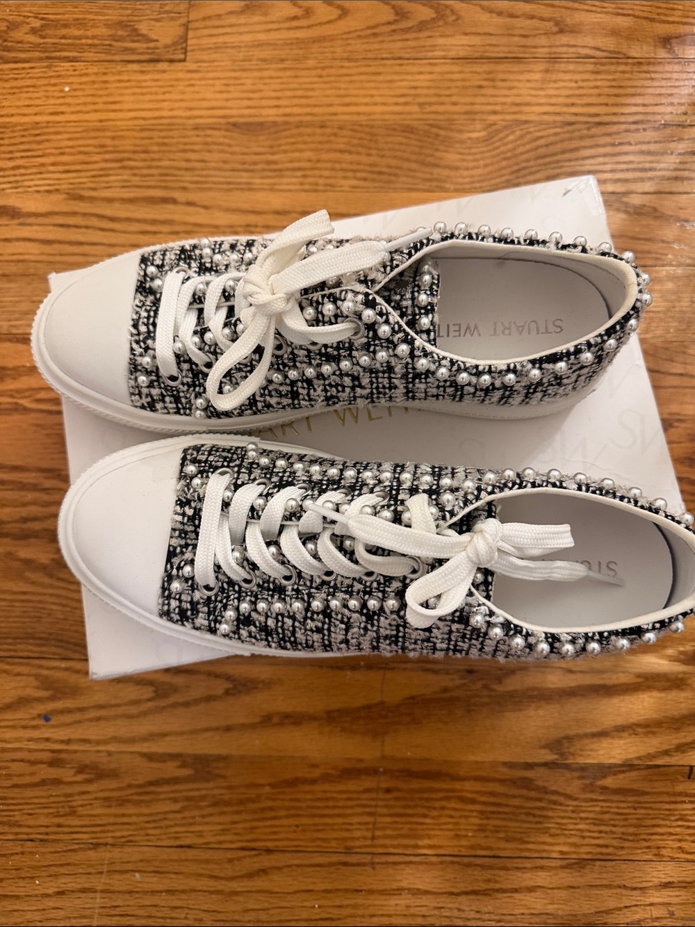 Stuart Weitzman Black & White Tweed Pearl-Trim Lace-Up Sneakers